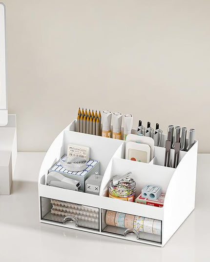 Desk Organizer with 6 Compartments and 2 Drawers, Plastic Makeup Organizer, Pen Holder for Desktop Storage, Desk Organization for School, Home, Office Supplies (White-2Pack)