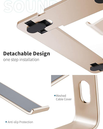 SOUNDANCE Laptop Stand, Aluminum Computer Riser, Ergonomic Laptops Elevator for Desk, Metal Holder Compatible with 10 to 15.6 Inches Notebook Computer, Gold