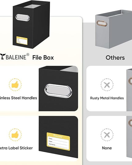 BALEINE File Organizer Box, Cardboard File Folder Organizer with Handle for Letter Size, Portable Collapsible Hanging Filing Box for Home Office Document Storage (2 Pack, Black)