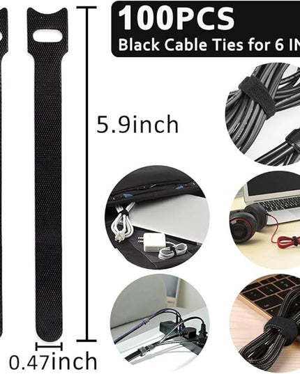 100pcs Cable Ties Reusable All-Black Wire Ties Cable Management Cord Ties Reusable for Electronics Hook and Loop Cable Ties for Computer 6 Inch