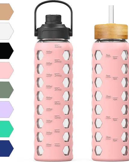 MUKOKO 32oz Glass Water Bottles with 2 Lids-Handle Spout Lid&Bamboo Straw Lid, Motivational Water Tumbler with Time Marker Reminder and Silicone Sleeve, Leakproof-Pink-1 Pack