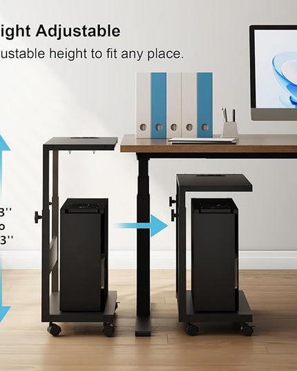 Computer Tower Stand with LED Light Strip,Mobile Rolling CPU Holder,Height Adjustable PC Tower Stand with Charging Station for Office Home (Black)