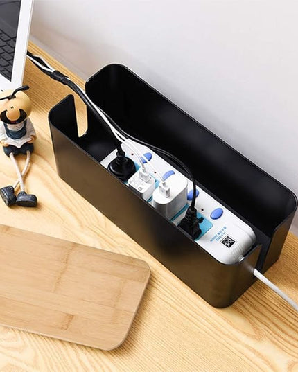 Cable Management Box, 2 Pack Bamboo Lid Large Storage Wires Organizer Holder for Home, Desk, TV, Computer, USB Hub - to Cover Hide Surge Protector Conceal Power Strips & Cords (Black)