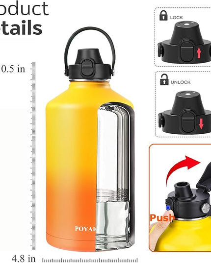 Water Bottle Insulated 32oz 40oz 64oz 128oz Straw Lid Spout Lid & 3 Lids, Leak Proof, Vacuum Insulated,Stainless Steel Water Bottle Wide Mouth for Sports, Gym or Office