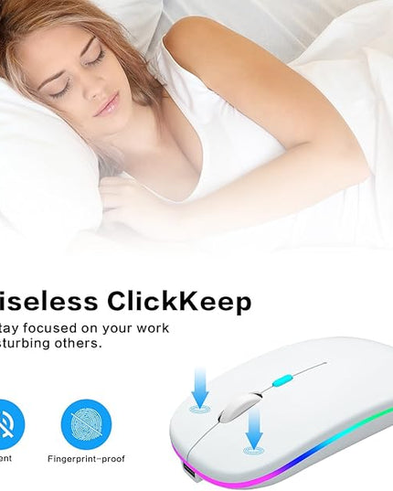 Wireless Bluetooth Mouse Rechargeable Laptop Mice with LED Use Portable(BT5.2 and USB 2.4G) Dual Mode Connection Silent Slim Computer Mouse for Laptop/iPad Tablet/Apple MacBook/PC(White)