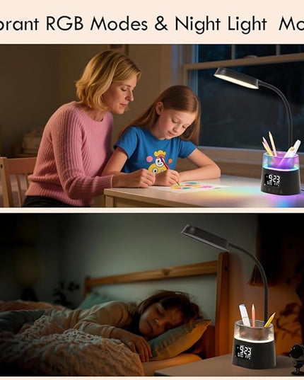 WILIT LED Kids Desk Lamp, Dimmable Study Lamp for Home Office Desk Accessories, with Pen Holder & Clock, USB Charging, RGB Night Light, Bedroom & College Dorm Room Essentials for Girls - Black