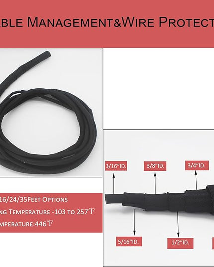 Braided Split Wire Loom Black Wire Cover Protective Harness Tubing Cable Management Self Wrap Cord Sleeve Mesh Woven 1"-24ft