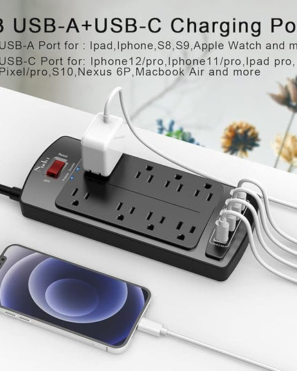 Surge Protector Power Strip - Nuetsa Flat Plug Extension Cord with 8 Outlets and 4 USB Ports, 15 Feet Power Cord (1625W/13A), 2700 Joules, ETL Listed, Black