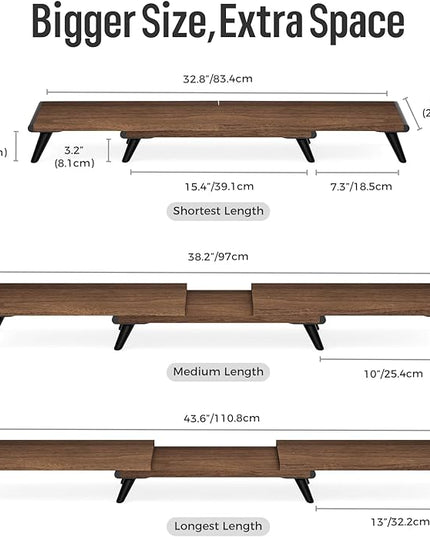 loukin Dual Monitor Stand Riser for Desk, 43.6"*8.2"*3.2" Large Computer Stand for 2 Monitors, Laptop, Printer, Length and Angle Adjustable Computer Shelf, Home Office,Max 43.6" Length(Brown)