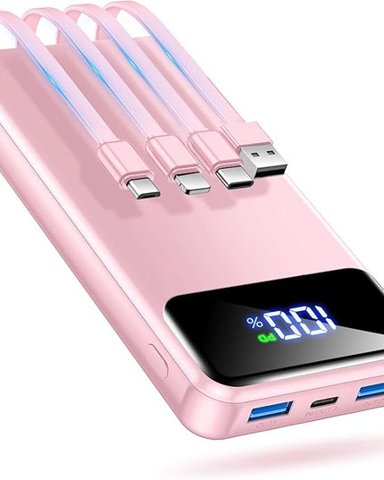 Portable Charger Power Bank 50000mAh Battery Pack, 22.5W Fast Charging PowerBank with Built in Cables,Travel Essential USB-C Portable Phone Charger for iPhone Samsung Pixel Android iPad-Pink