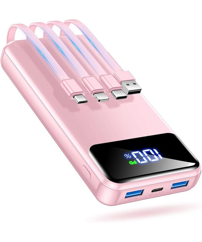 Portable Charger Power Bank 50000mAh Battery Pack, 22.5W Fast Charging PowerBank with Built in Cables,Travel Essential USB-C Portable Phone Charger for iPhone Samsung Pixel Android iPad-Pink