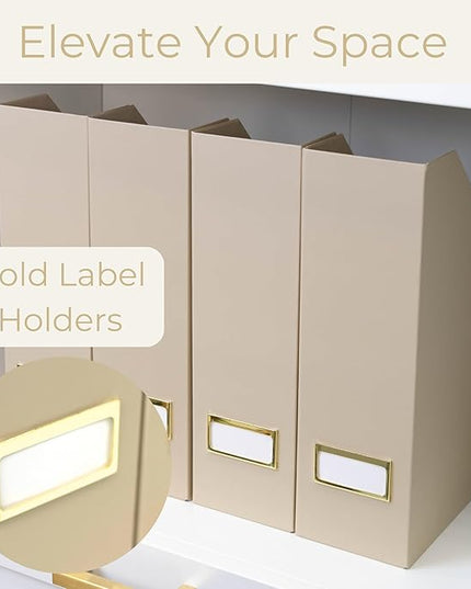 BLU MONACO | Set of 6 Foldable Taupe Magazine File Holders with Label Holders | Vertical File Organizer & File Storage Boxes for Desk, Shelves & Home Office