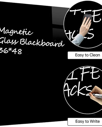 Glass Black Board Magnetic Dry Erase Board - Black Board 48 x 36 Inches Wall Mounted Glass Blackboard, Large Frameless Glass Black Board for Wall Office, Home & School