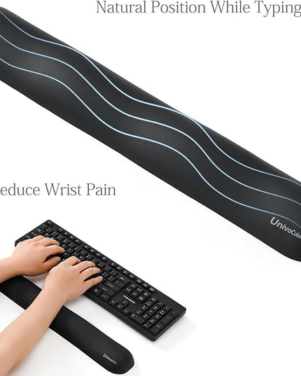 UnivoColors Design-Wave Keyboard Wrist Rest, Artificial Sheepskin+Memory Foam+Ergonomic+Anti-Slip Gel, Resilience Support During Work and Gaming,Keyboard Accessory,Black
