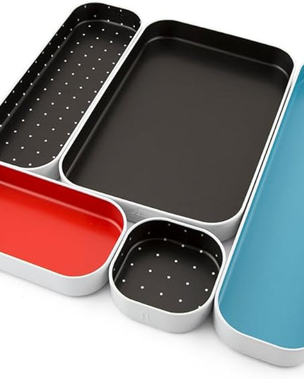 Three by Three Seattle 5 Piece Metal Organizer Tray Set for Storing Makeup, Stationery, Utensils, and More in Office Desk, Kitchen and Bathroom Drawers (1 Inch, Blue Black Red and Dots)