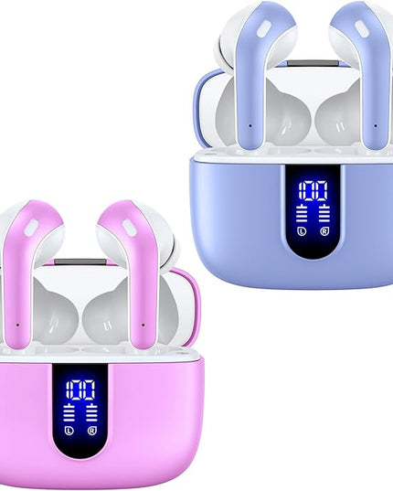 TAGRY 2 Sets X08 Purple and Sunset Pink Bluetooth Headphones True Wireless Earbuds 60H Playback Ear Buds with Wireless Charging Case in-Ear Earbuds with Mic