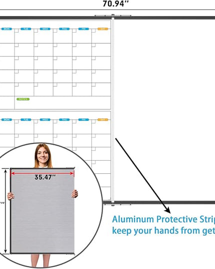 JILoffice Magnetic Foldable Dry Erase Calendar Whiteboard Combo, 2 Month Calendar Board & White Board 72 X 40 Inch, Black Aluminum Frame Wall Mounted Board for Office Home and School