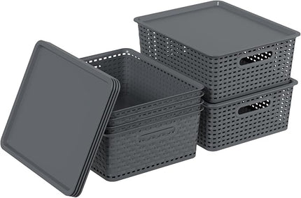 Zopnny 6-Pack Plastic Lidded Storage Shelf Basket, Stackable Organizer Baskets with Lid for Desktop, Pantry, Closet, Office (Grey)