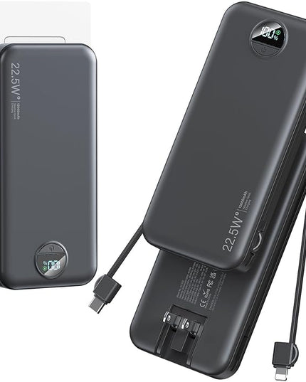 12000mAh Ultra-Portable-Charger-Power-Bank with Built in Cables&AC Wall Plug,PD20W USB-C Fast Charging Cell Phone Charger Battery Pack,LED Display Travel Battery Bank for All iPhone,Samsung,Android