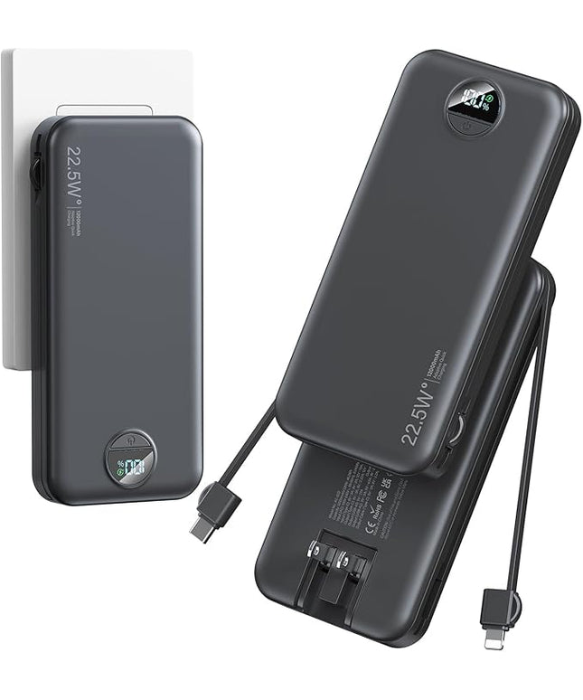 12000mAh Ultra-Portable-Charger-Power-Bank with Built in Cables&AC Wall Plug,PD20W USB-C Fast Charging Cell Phone Charger Battery Pack,LED Display Travel Battery Bank for All iPhone,Samsung,Android