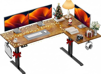 HUANUO 71x48 inch Dual Motor L Shaped Electric Standing Desk with 3 Preset Heights, Electric Height Adjustable Computer Table, 2 Hooks & Cable Tray, Raising Desk for Home Office, Vintage Brown