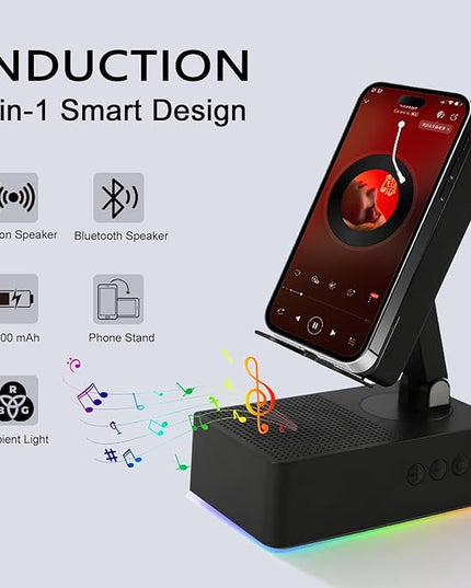 Wireless Induction Bluetooth Speaker, 5-in-1 Foldable Phone Holder, 1500mAh Emergency Charging, Colorful LED Ambient Light, Tech Gadgets Gifts for Men Women, for iPhone Android Tablet, Black