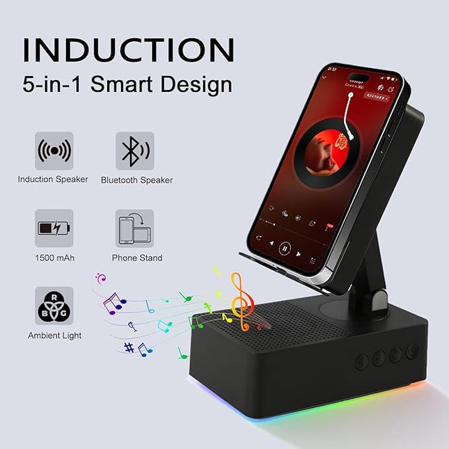 Wireless Induction Bluetooth Speaker, 5-in-1 Foldable Phone Holder, 1500mAh Emergency Charging, Colorful LED Ambient Light, Tech Gadgets Gifts for Men Women, for iPhone Android Tablet, Black