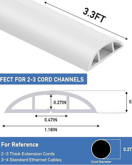 Floor Cord Cover Self Adhesive Cord Hider Floor Extension Cord Covers for Floor Power Cord Protector Cable Management Prevent Cable Trips Cable Cavity 0.47" W x 0.27" H (White, 3.3Ft)