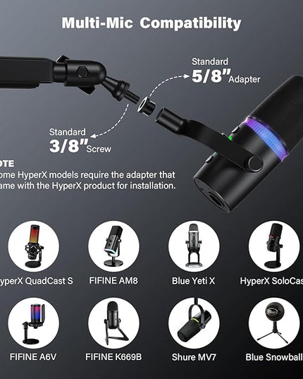 Low Profile Mic Arm, Cable Management Microphone Boom Arm, Full Aluminum Adjustable Mic Stand with Desk Clamp, 360°Rotatable Heavy Duty Microphone Stand for Streaming, Podcasting, Recording