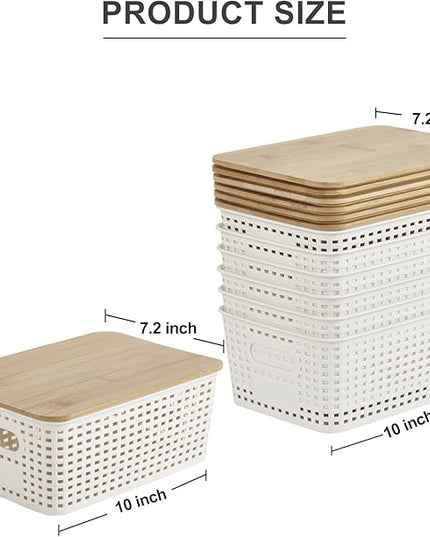 Small Plastic Storage Bins with Bamboo Lids 5.2qt Stackable Box Basket Pantry Decorative Containers Cute with Lable for Organizing Desktop Closet Office Cream White of 6 packs 10*7.2*4.1'’