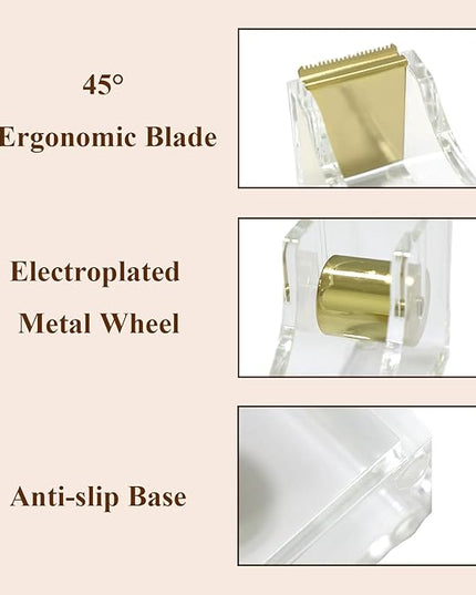 Gold Tape Dispenser, Clear Acrylic Desk Tape dispensers with Serrated Metal Edge, Modern Aesthetic Office & Craft Tape Organizer for Gift Wrapping, 1 Inch Core, Non-Slip Weighted Base