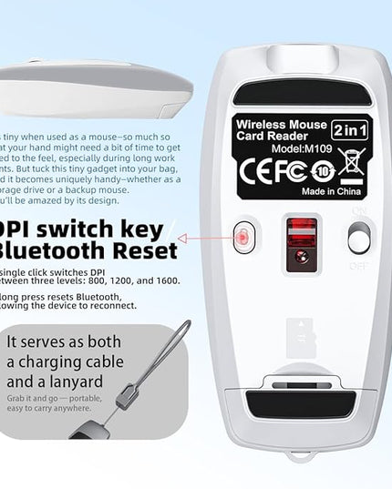 Mini Portable 2-in-1 Wireless Bluetooth Mouse & TF Card Reader - 8GB TF Card Included, Rechargeable, Type-C to USB Adapter, Ultra-Compact (78×38×22mm), Ideal for On-The-Go Work, Silver