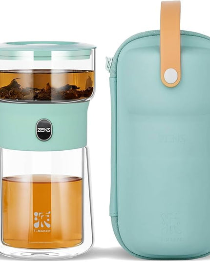 ZENS Modern Glass infuser Teapot, Small One Touch Tea Maker for Loose Tea Diffusers with 200ml Insulated Cup and Blue Portable Carry Case, Magic Gongfu Tea Pot for Tea Lovers Gifts