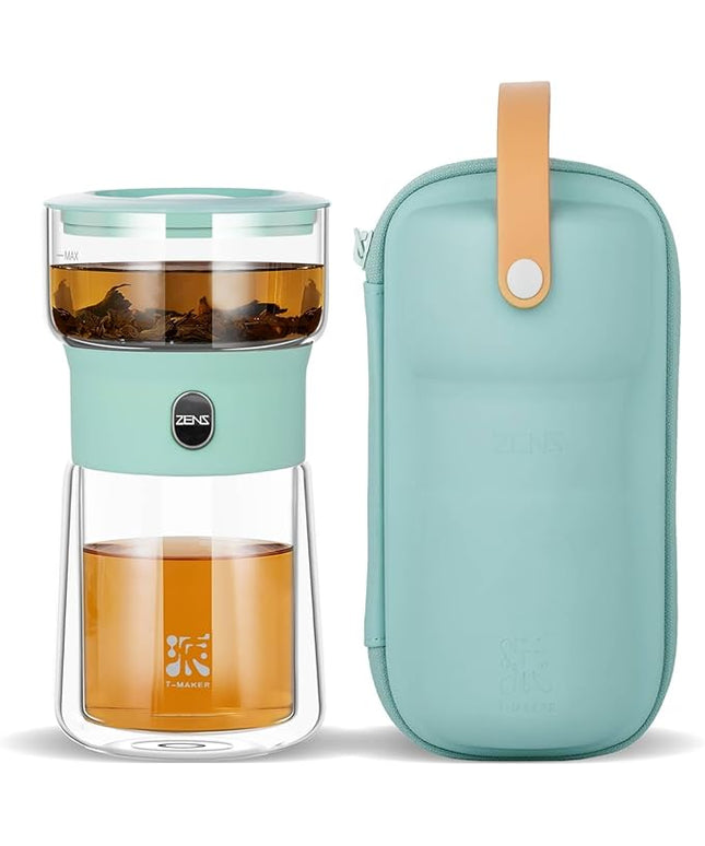 ZENS Modern Glass infuser Teapot, Small One Touch Tea Maker for Loose Tea Diffusers with 200ml Insulated Cup and Blue Portable Carry Case, Magic Gongfu Tea Pot for Tea Lovers Gifts
