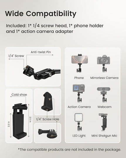 CAMBOFOTO 33" Magic Arm w Desk Clamp, Overhead Camera Mount, Desk Phone Mount, Articulating Extra-Long Friction Boom Arm w 1/4" Screw, for Phone, Mic, Light, Webcams, Action Camera (Light Black)