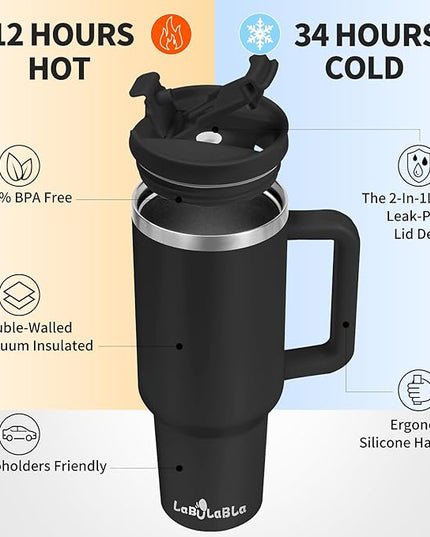 40oz Tumbler with Handle,Double Wall Vacuum Reusable Stainless Steel Insulated Water Bottle,With Leak Proof lid and Straw for Iced or Cold Beverages (Black)