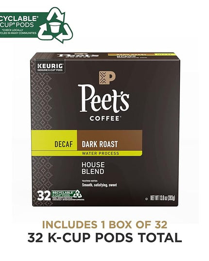 Peet's Coffee, Dark Roast Decaf Single Serve Coffee Pods, 100% Arabica Coffee - Decaf House Blend 32 Count (1 Box of 32 Pods)