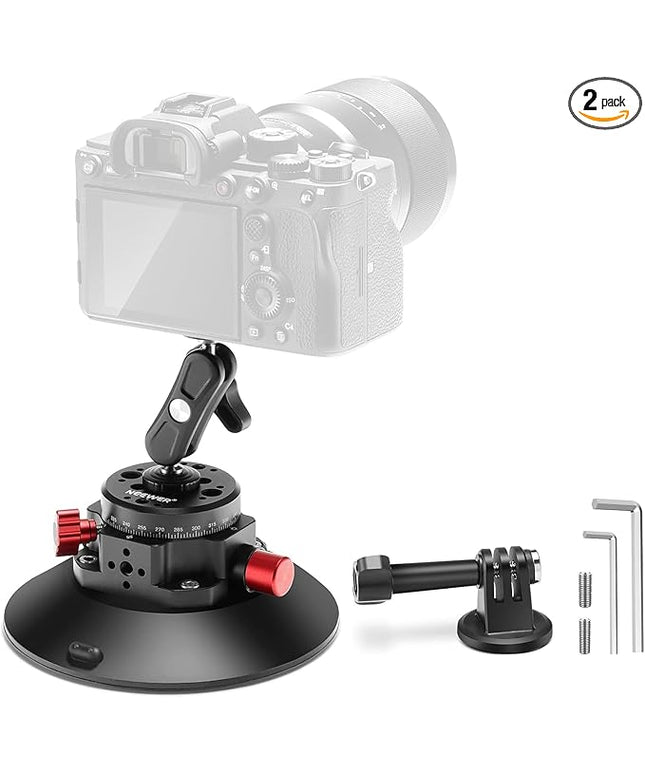 NEEWER 6" Suction Cup Camera Mount with Ball Head Magic Arm, 2 Pack Metal Car Mount for Camera/Action Camera/Phone, Air Pump Vacuum on Car or Window Glass with 1/4" 3/8" ARRI Mounting Holes, CA013