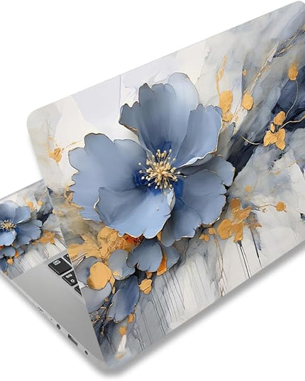 Laptop Skin Sticker Decal Cover, 11.6”12" 13" 13.3" 14" 15" 15.4" 15.6" Laptop Netbook Skin Sticker Cover Art Notebook Protector (2 Wrist Pad Included), Easy to Apply & Removable, Blue Silver Flower