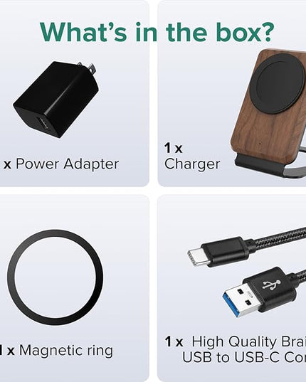 ARK Uno² - Solid Wood Phone Stand Magnetic Wireless Charging Station w/Adapter & USB to USBC 15W Wireless Charger. Home, Office, Kitchen,Best Mens Gifts!