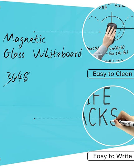 Magnetic Glass Dry Erase Board - White Board 48 x 36 Inch Wall Mounted Glass Whiteboard, Large Frameless Glass White Board for Wall Office, Home & School, Blue