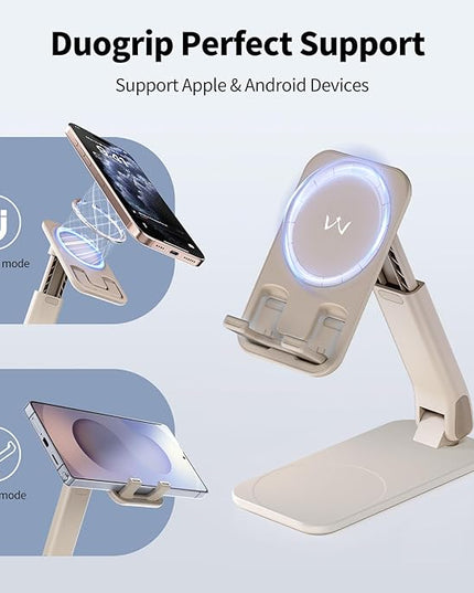 iWALK Magnetic Cell Phone Stand for Desk, Angle and Height Adjustable Mobile Phone Holder, Foldable Magnet Stand for iPhone 17 16 15 14 13 12 Pro Max and iPad, Cell Phone Holder, Light Brown