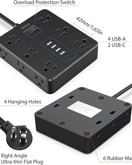 Power Strip Flat Plug with 12 Outlets 6 USB(2 USB C),SMNICE Surge Protector Charging Station with Overload Protection,5ft Extension Cord Widely Spaced Multiple Outlets for Home Office Dorm,Black