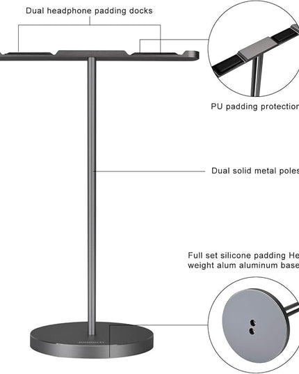 Double Headphones Stand, Aluminum Alloy Desk 3 Headsets Holder Supporting Desktop Earphone Hanger Mount Storage Rack with Heavy Base for Home and Office Display Spacegrey