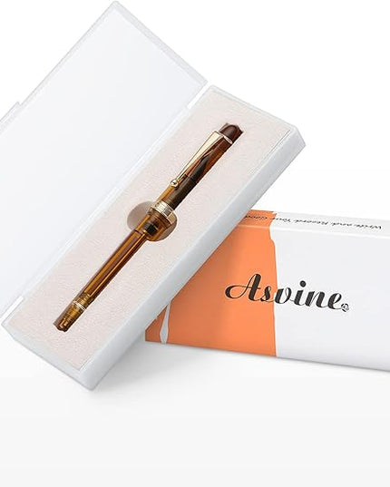 Asvine V126 Vacuum Filling System Fountain Pen Gold Plated Fine Point, Brown Pen Gift Case