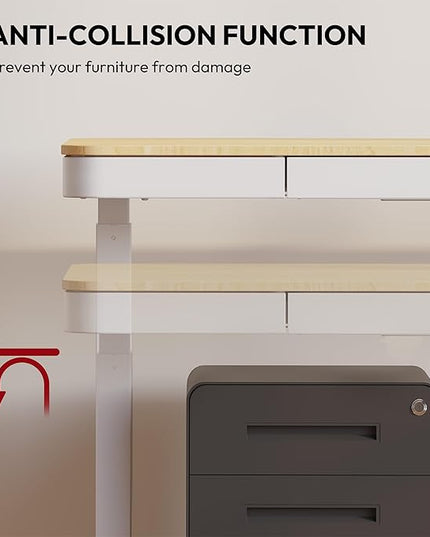 Standing Desk with Drawer, Electric Height Adjustable Home Office Desk with Storage & USB Ports, 55 inch Maple Wood Tabletop/White Frame