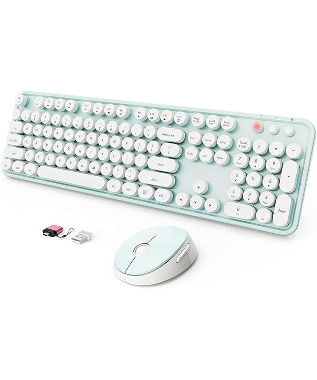 Wireless Keyboard and Mouse Combo, Ergonomic Full Size Typewriter Retro Round Keycaps Keyboard, Compatible with Windows, PC, Perfer for Home and Office Keyboards（Green）
