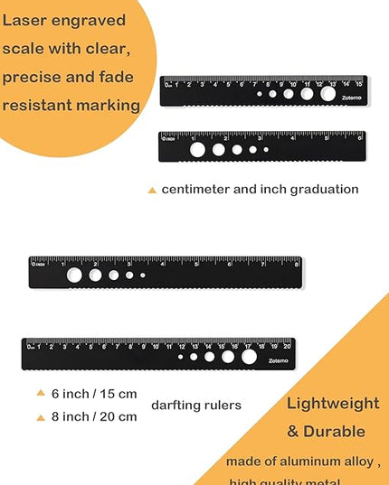 Zotemo Metal Geometry Set, 5-Piece Aluminum Ruler, Math Drafting Ruler Kit Includes Protractor, Triangle Rulers, Straight Rulers-Math Measurement Tools for School and Office Supplies (Black)