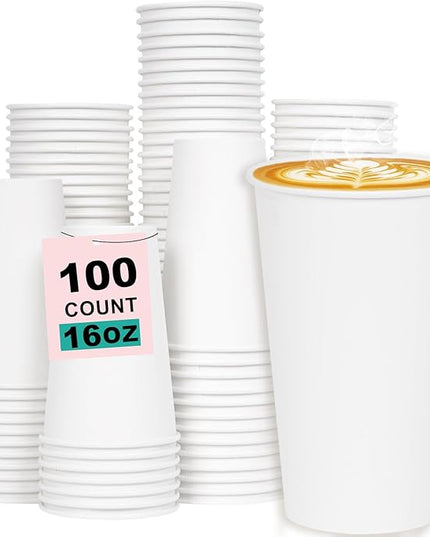 Coolcap 16 oz 100 Pack Disposable Coffee Cups, Bulk White Disposable Paper Cups, Coffee Cups for Hot Tea, Chocolate and Cold Drinks