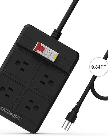 GFCI Power Strips with 9.84 FT Heavy Duty Extension Cord, 4 Gang Sockets 15A Fused SAFEMORE Power Strip 1875J with 30mA RCBO Leakage Protection,Surge Protected for Workshop Garage RV Indoor (Black)